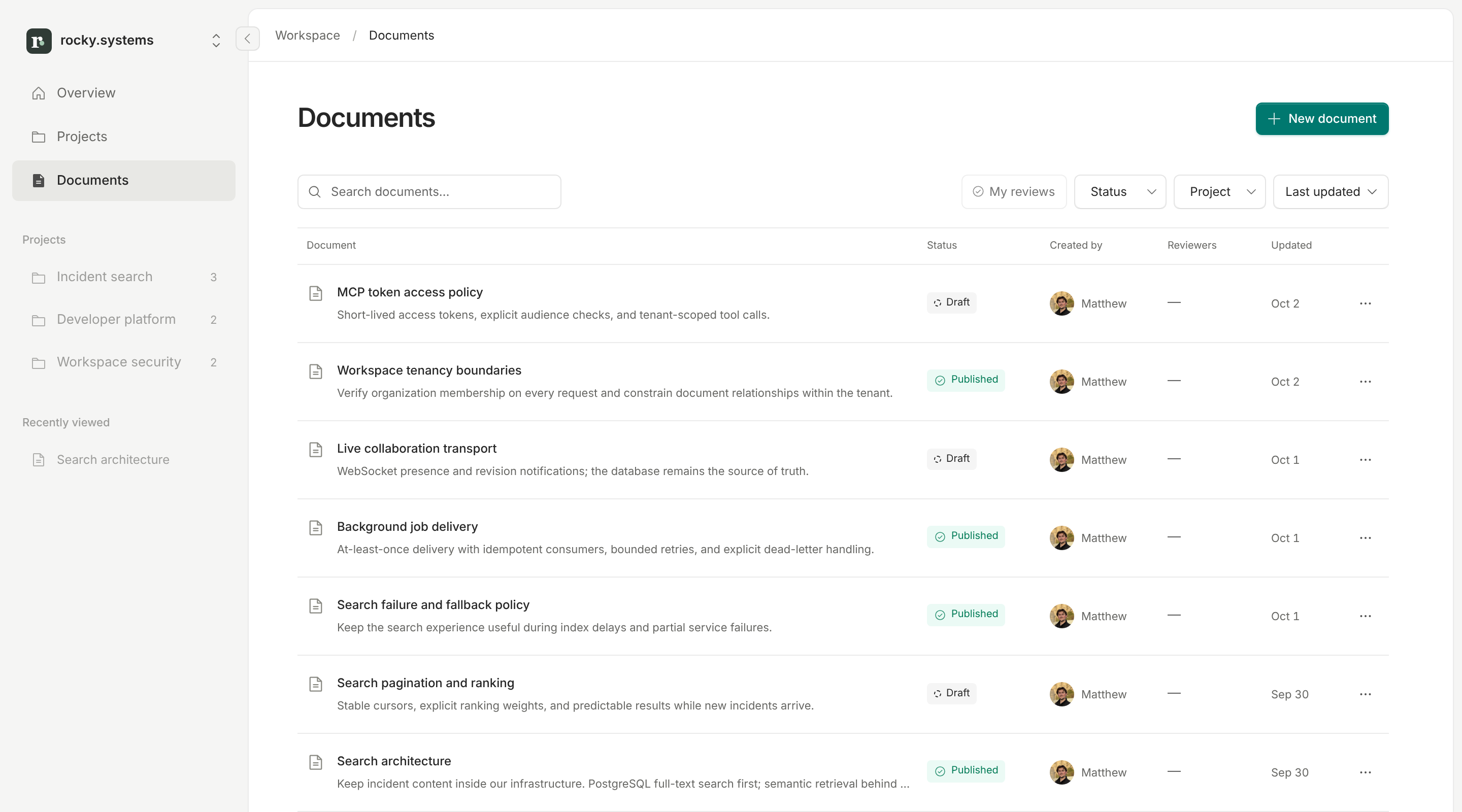 The workspace decision library, showing published and draft plans for incident search, developer platform, and workspace security.
