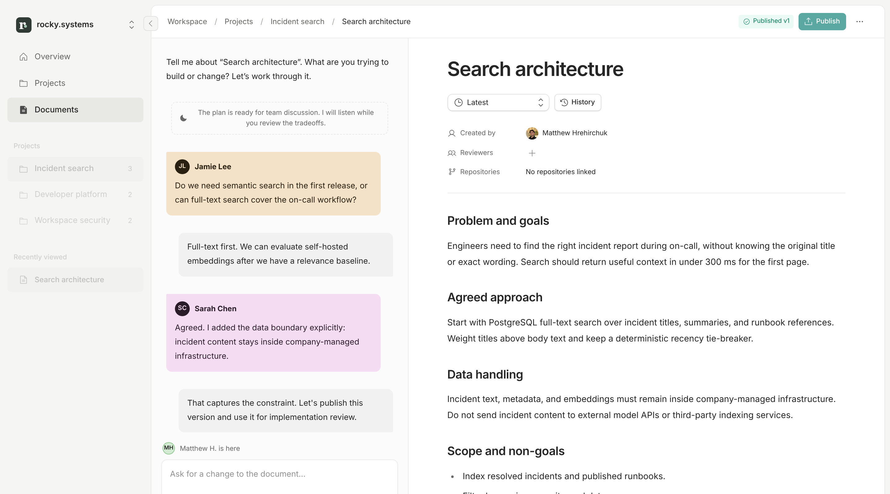 Search architecture in the rocky.systems workspace, with the published plan alongside the team's discussion.